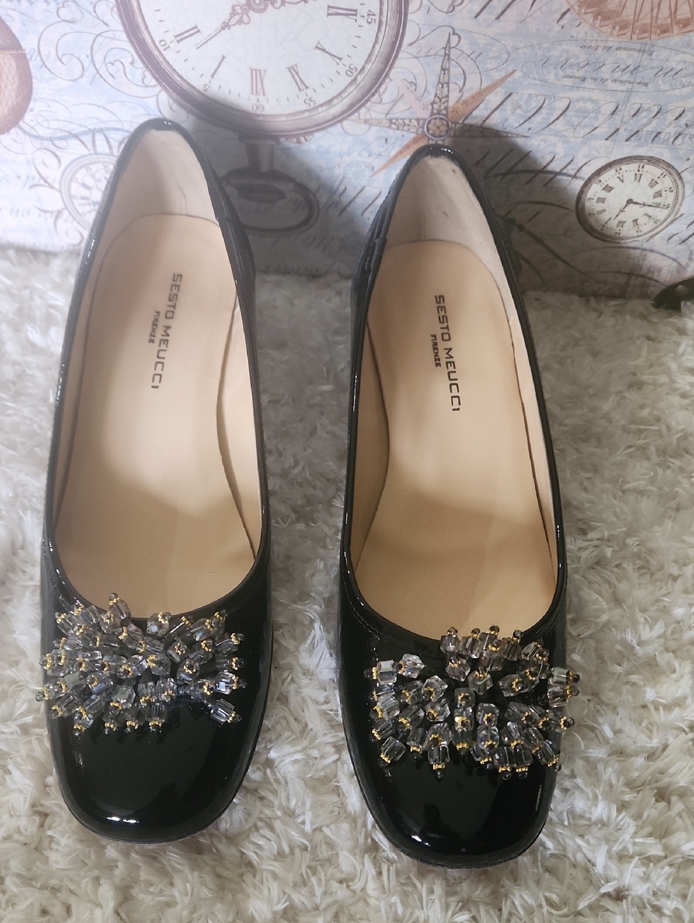 Sesto Meucci Black Patent Jeweled Slip-On Flats